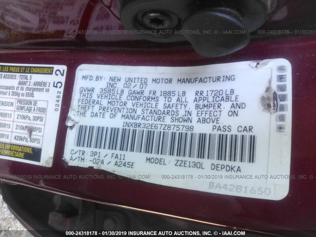 1NXBR32E67Z875798 - 2007 TOYOTA COROLLA CE/LE/S RED photo 9