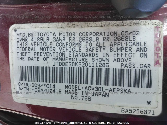 JTDBE30K520111286 - 2002 TOYOTA CAMRY LE/XLE/SE RED photo 9