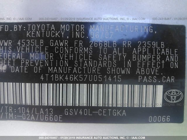 4T1BK46K57U051415 - 2007 TOYOTA CAMRY NEW GENERAT LE/XLE/SE SILVER photo 9