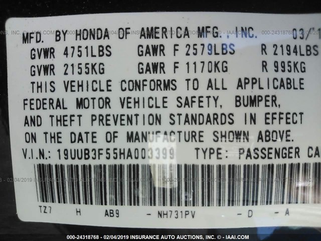 19UUB3F55HA003399 - 2017 ACURA TLX TECH BLACK photo 9