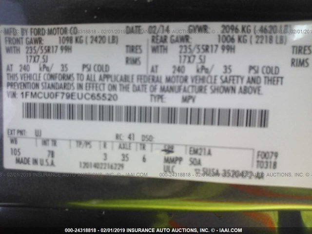 1FMCU0F79EUC65520 - 2014 FORD ESCAPE S GRAY photo 9