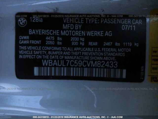 WBAUL7C59CVM82433 - 2012 BMW 128 I WHITE photo 9