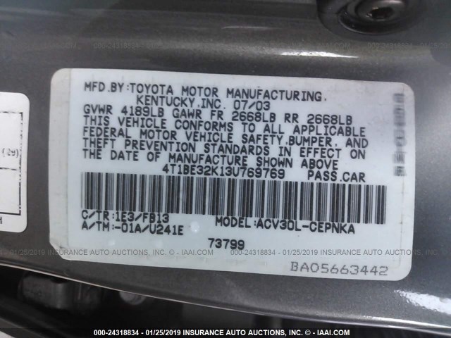 4T1BE32K13U769769 - 2003 TOYOTA CAMRY LE/XLE/SE GRAY photo 9