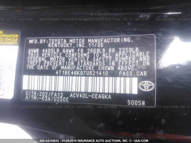 4T1BE46K97U621410 - 2007 TOYOTA CAMRY NEW GENERAT CE/LE/XLE/SE BLACK photo 9