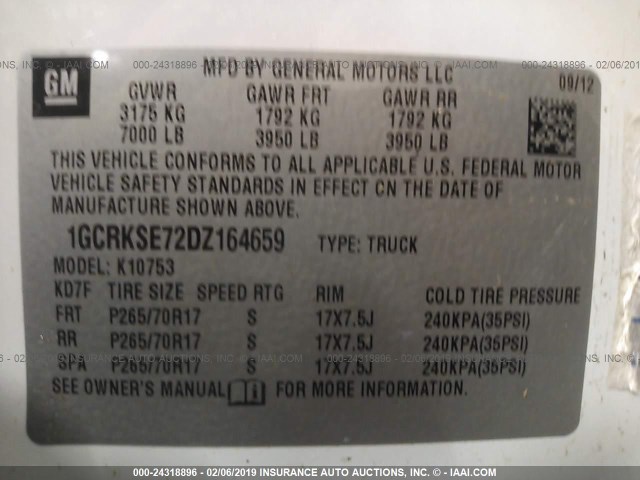 1GCRKSE72DZ164659 - 2013 CHEVROLET SILVERADO K1500 LT WHITE photo 9