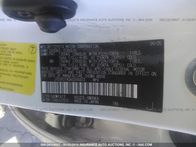 JTEGP21A360094473 - 2006 TOYOTA HIGHLANDER LIMITED WHITE photo 9