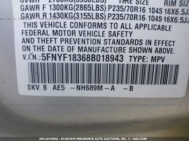 5FNYF18368B018943 - 2008 HONDA PILOT SE SILVER photo 9