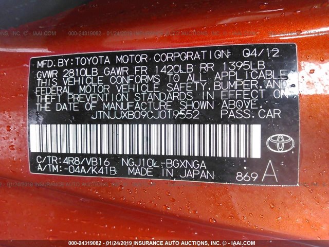 JTNJJXB09CJ019552 - 2012 TOYOTA SCION IQ ORANGE photo 9