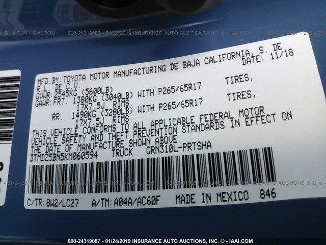 3TMDZ5BN5KM060594 - 2019 TOYOTA TACOMA DOUBLE CAB/SR5/TRD SPORT/ BLUE photo 9