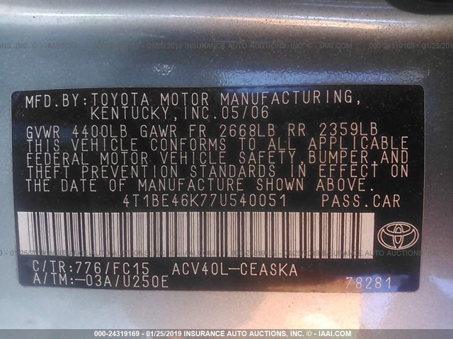 4T1BE46K77U540051 - 2007 TOYOTA CAMRY NEW GENERAT CE/LE/XLE/SE GRAY photo 9
