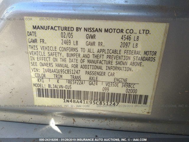 1N4BA41E95C851247 - 2005 NISSAN MAXIMA SE/SL SILVER photo 9