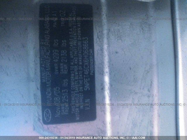 5NPET46CX6H068663 - 2006 HYUNDAI SONATA GL GOLD photo 9