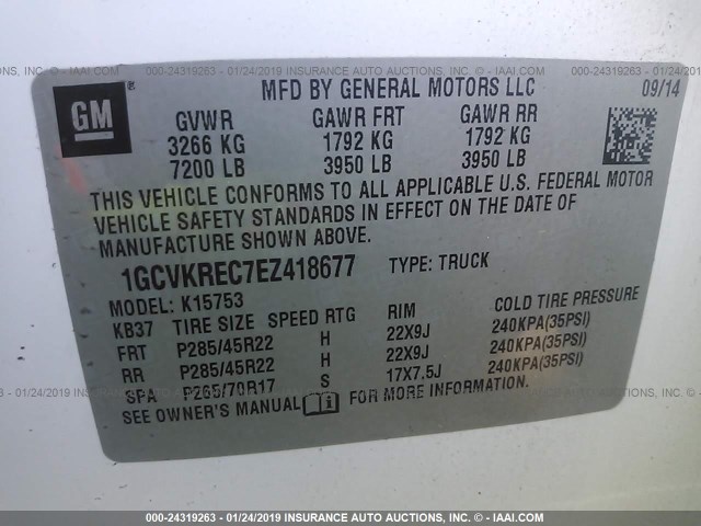 1GCVKREC7EZ418677 - 2014 CHEVROLET SILVERADO K1500 LT WHITE photo 9