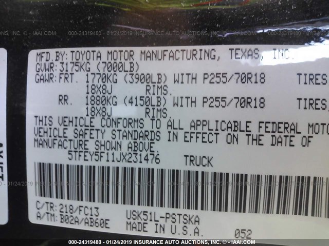 5TFEY5F11JX231476 - 2018 TOYOTA TUNDRA CREWMAX SR5 BLACK photo 9