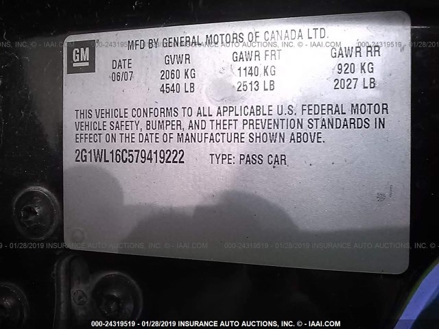 2G1WL16C579419222 - 2007 CHEVROLET MONTE CARLO SS შავი ფოტო 9