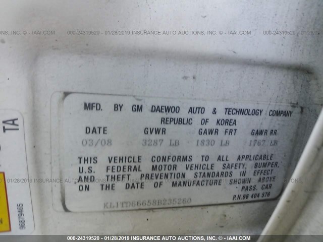 KL1TD66658B235260 - 2008 CHEVROLET AVEO LS WHITE photo 9