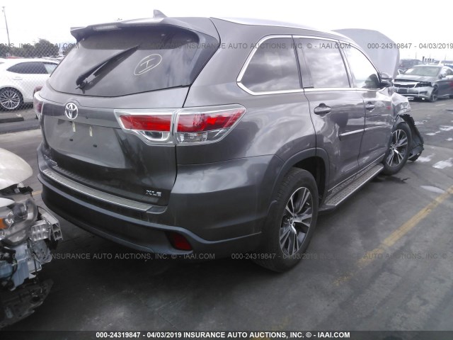 5TDKKRFH3GS150292 - 2016 TOYOTA HIGHLANDER XLE GRAY photo 4