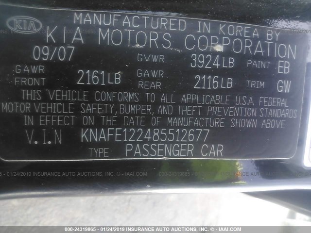 KNAFE122485512677 - 2008 KIA SPECTRA EX/LX/SX BLACK photo 9