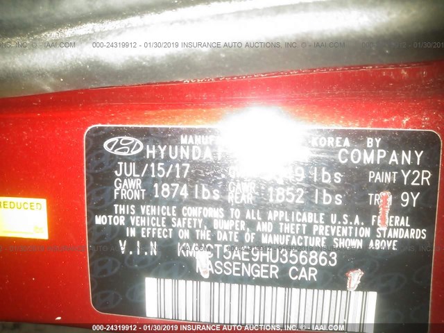 KMHCT5AE9HU356863 - 2017 HYUNDAI ACCENT SE RED photo 9