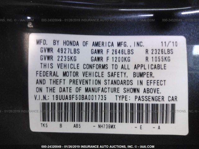 19UUA9F50BA001735 - 2011 ACURA TL GRAY photo 9