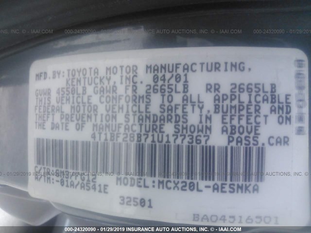 4T1BF28B71U177367 - 2001 TOYOTA AVALON XL/XLS GRAY photo 9