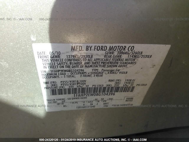 1FAHP2EW0BG104396 - 2011 FORD TAURUS SEL Pewter photo 9