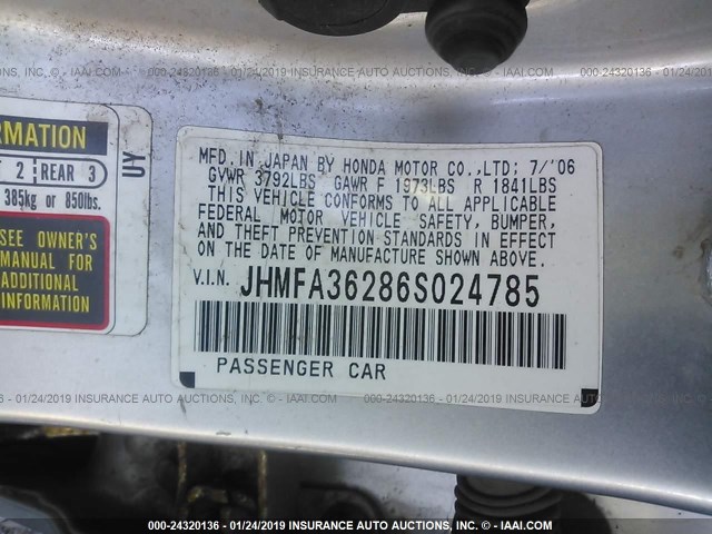 JHMFA36286S024785 - 2006 HONDA CIVIC HYBRID SILVER photo 9