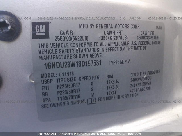 1GNDU23W18D197631 - 2008 CHEVROLET UPLANDER LS 银色 照片 9