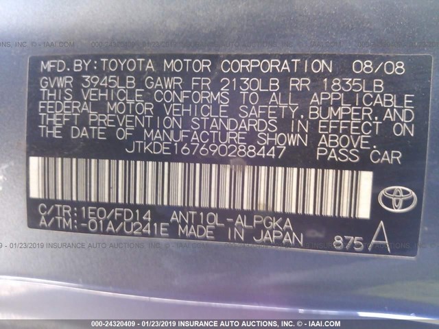 JTKDE167690288447 - 2009 TOYOTA SCION TC BLACK photo 9