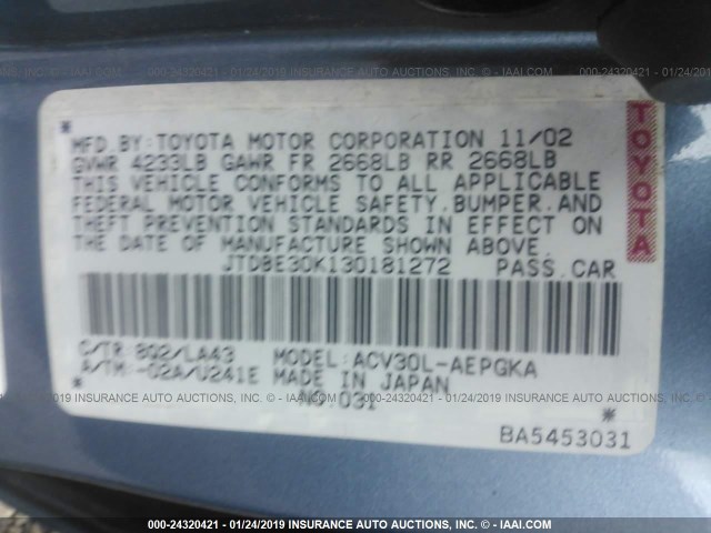 JTDBE30K130181272 - 2003 TOYOTA CAMRY LE/XLE BLUE photo 9
