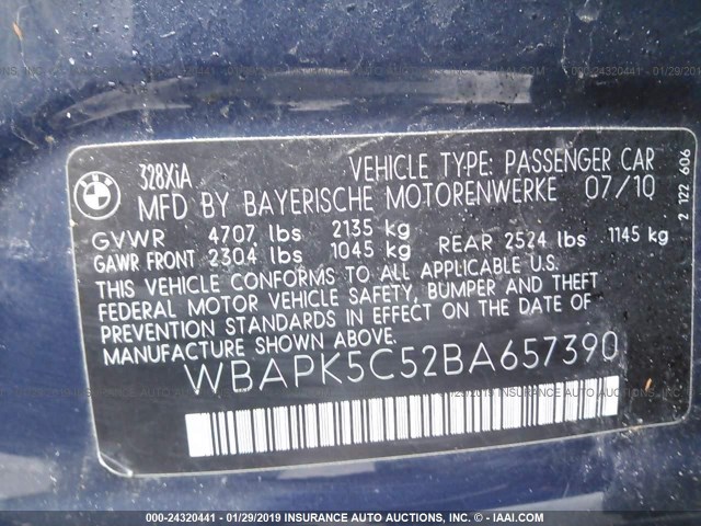 WBAPK5C52BA657390 - 2011 BMW 328 XI SULEV BLUE photo 9