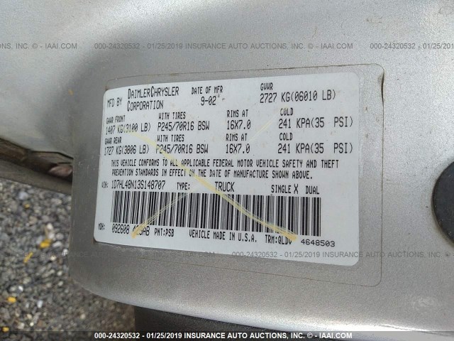 1D7HL48N13S148707 - 2003 DODGE DAKOTA QUAD SLT SILVER photo 9