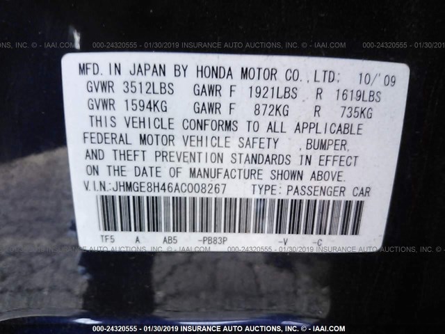 JHMGE8H46AC008267 - 2010 HONDA FIT SPORT PURPLE photo 9