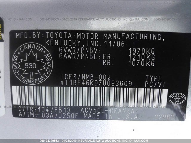 4T1BE46K97U093609 - 2007 TOYOTA CAMRY NEW GENERAT CE/LE/XLE/SE SILVER photo 9