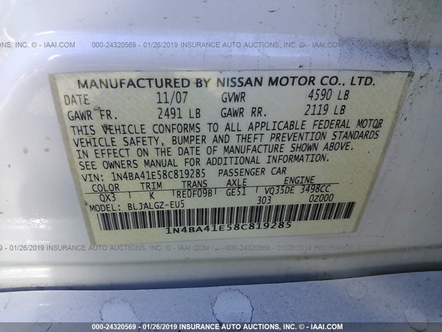 1N4BA41E58C819285 - 2008 NISSAN MAXIMA SE/SL WHITE photo 9