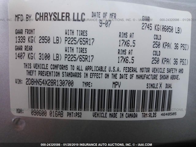 2D8HN54X28R130700 - 2008 DODGE GRAND CARAVAN SXT SILVER photo 9