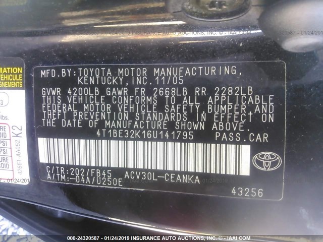 4T1BE32K16U141795 - 2006 TOYOTA CAMRY LE/XLE/SE BLACK photo 9