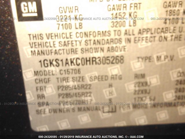 1GKS1AKC0HR305268 - 2017 GMC YUKON SLE GRAY photo 9