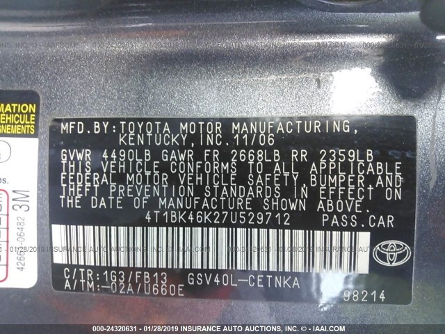 4T1BK46K27U529712 - 2007 TOYOTA CAMRY NEW GENERAT LE/XLE/SE GRAY photo 9