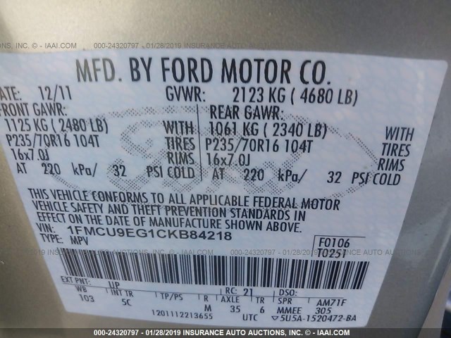 1FMCU9EG1CKB84218 - 2012 FORD ESCAPE LIMITED GOLD photo 9