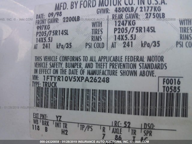 1FTYR10V5XPA26248 - 1999 FORD RANGER WHITE photo 9