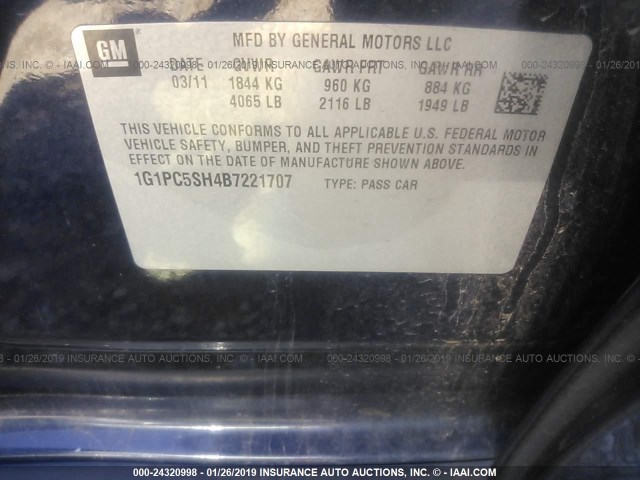 1G1PC5SH4B7221707 - 2011 CHEVROLET CRUZE LS 蓝色 照片 9