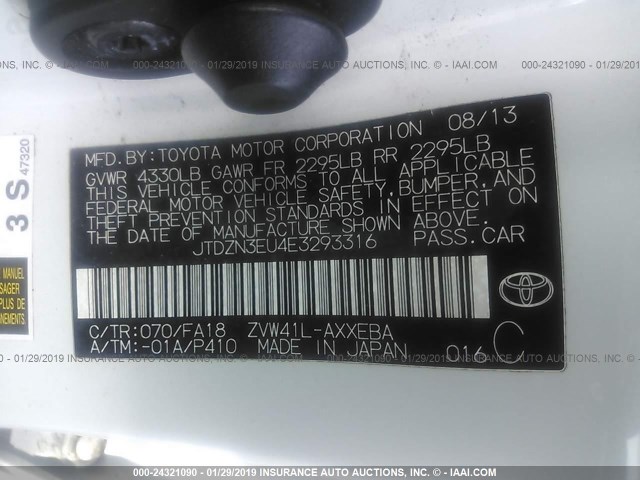 JTDZN3EU4E3293316 - 2014 TOYOTA PRIUS V WHITE photo 9