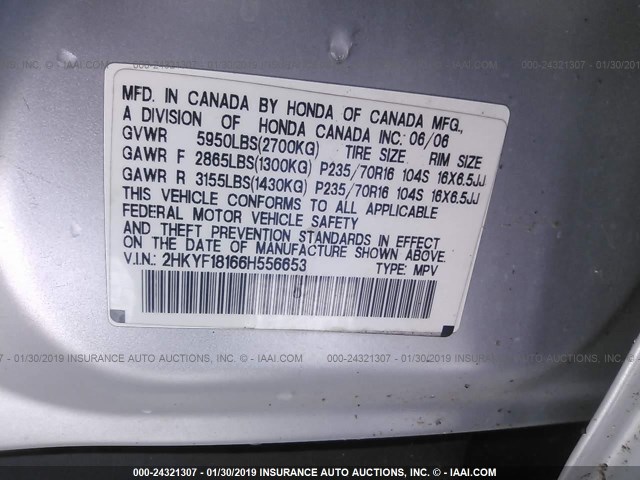 2HKYF18166H556653 - 2006 HONDA PILOT LX SILVER photo 9