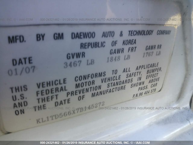 KL1TD566X7B145272 - 2007 CHEVROLET AVEO LS WHITE photo 9