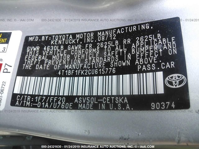 4T1BF1FK2CU615776 - 2012 TOYOTA CAMRY SE/LE/XLE 银色 照片 9