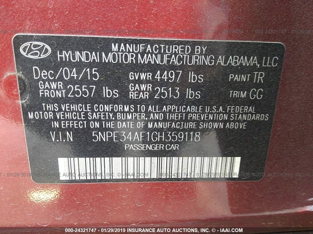 5NPE34AF1GH359118 - 2016 HYUNDAI SONATA SPORT/LIMITED RED photo 9