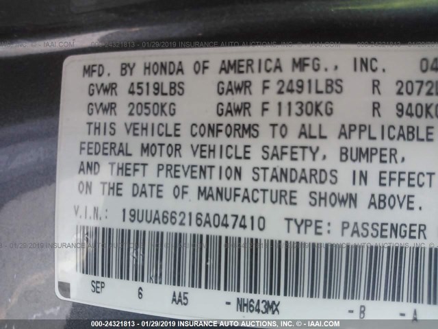 19UUA66216A047410 - 2006 ACURA 3.2TL GRAY photo 9