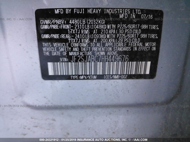 JF2SJABC7HH449676 - 2017 SUBARU FORESTER 2.5I SILVER photo 9