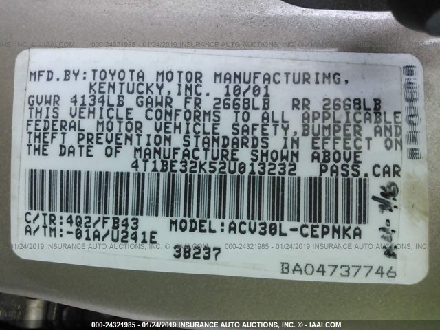 4T1BE32K52U013232 - 2002 TOYOTA CAMRY LE/XLE/SE BEIGE photo 9